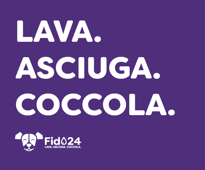 Banner con slogan: Lava, Asciuga, Coccola con Fido24