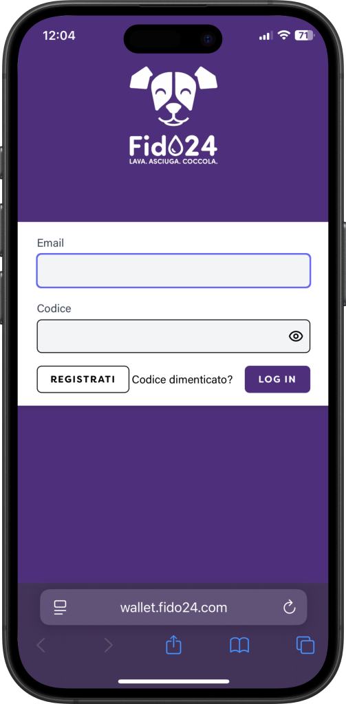 Web App Fido24.com su smartphone: schermata di login del Wallet per gestire crediti lavaggio, ricariche online e storico transazioni.